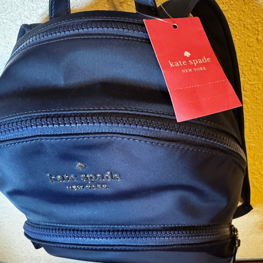 Kate Spade navy backpack silver brand logo double adjustable straps NWT ♠️ - Picture 3 of 14